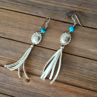 Concho And Turquoise Earrings With Leather Fringe - The Quetzal - wholesale