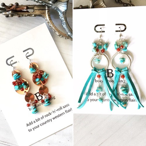 Two pairs of custom turquoise earrings by Buckaroo Bling