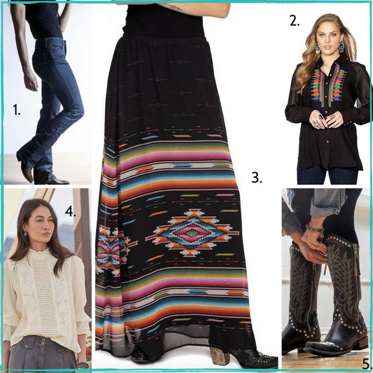Women's clothing for the holidays - skirt, jeans, boots, two tops