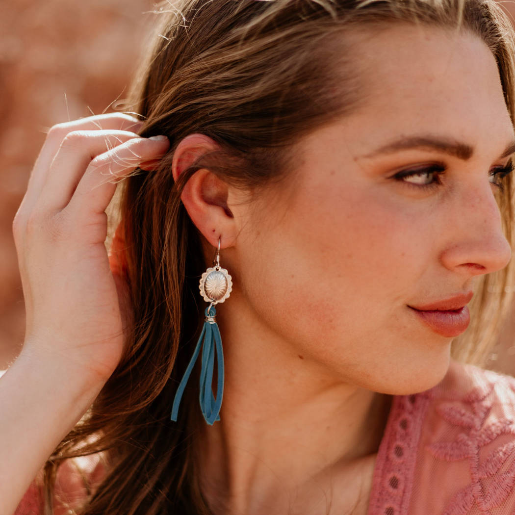 Silver concho earrings with leather fringe | Buckaroo Blign