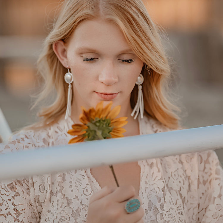 Sterling silver choncho earrings with white leather fringe | Buckaroo Bling