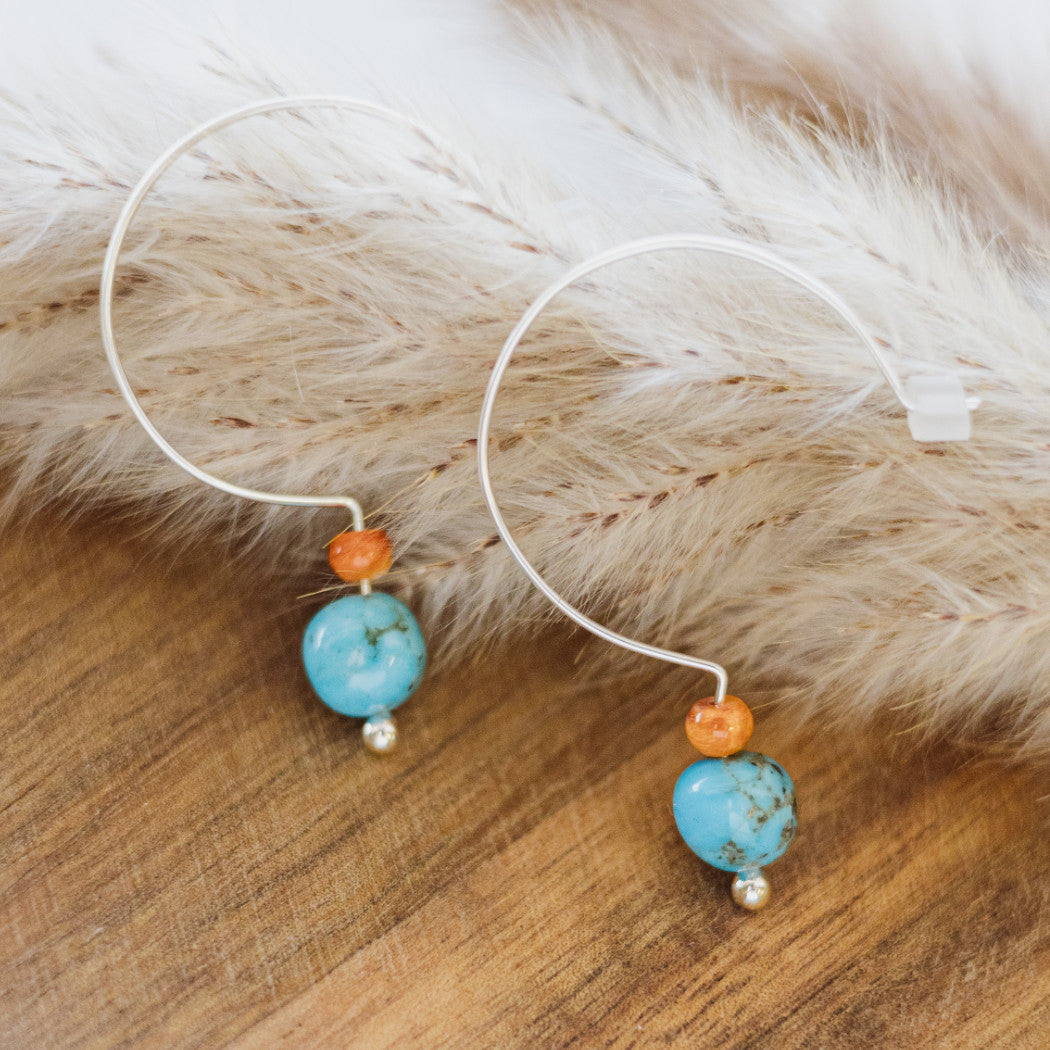 Sterling silver open hoop earrings with turquoise and spiny oyster | Buckaroo Bling