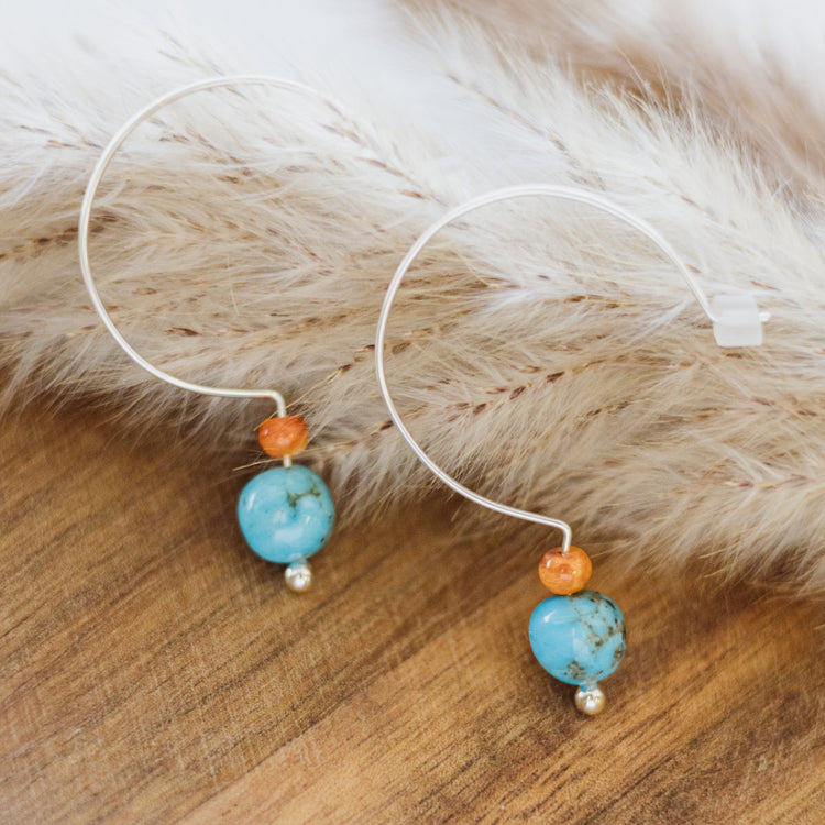 Sterling silver open hoop earrings with turquoise and spiny oyster | Buckaroo Bling