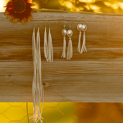 Extra Long Silver Earrings With White Leather Fringe
