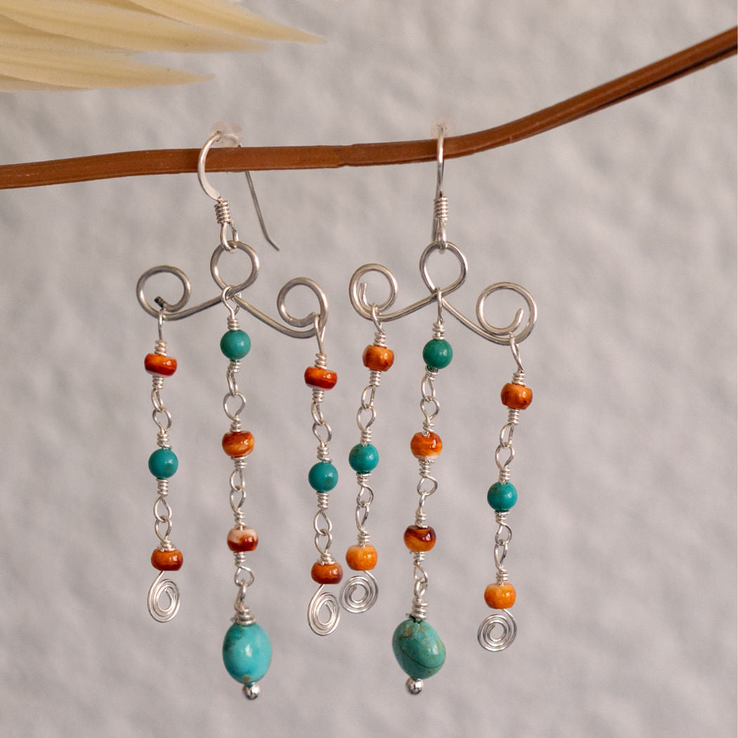 Silver chandelier earrings with Kingman turquoise and spiny oyster