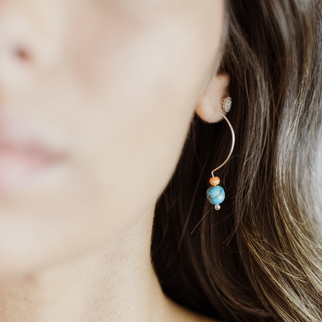Open hoop earrings with turquoise and spiny oyster