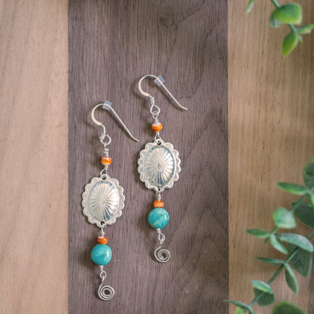 Silver concho earrings with turquoise and spiny oyster
