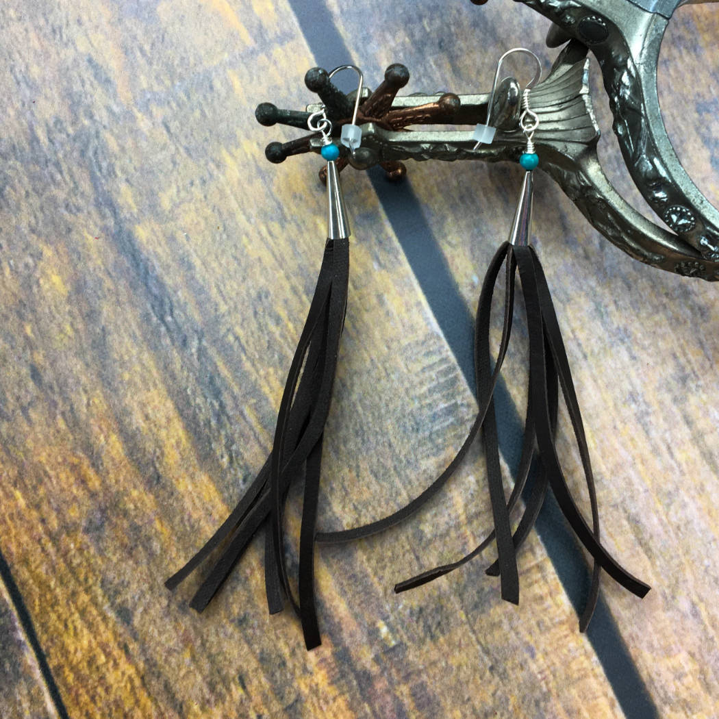 Long leather fringe earrings with turquoise