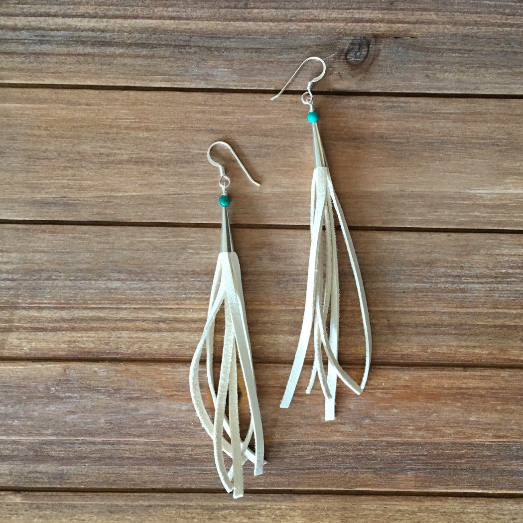 Silver Earrings With Leather Fringe - Fly Away