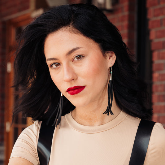 Silver Earrings with Black Leather Fringe