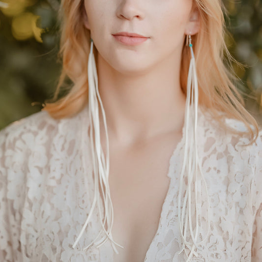 Extra Long white leather fringe earrings