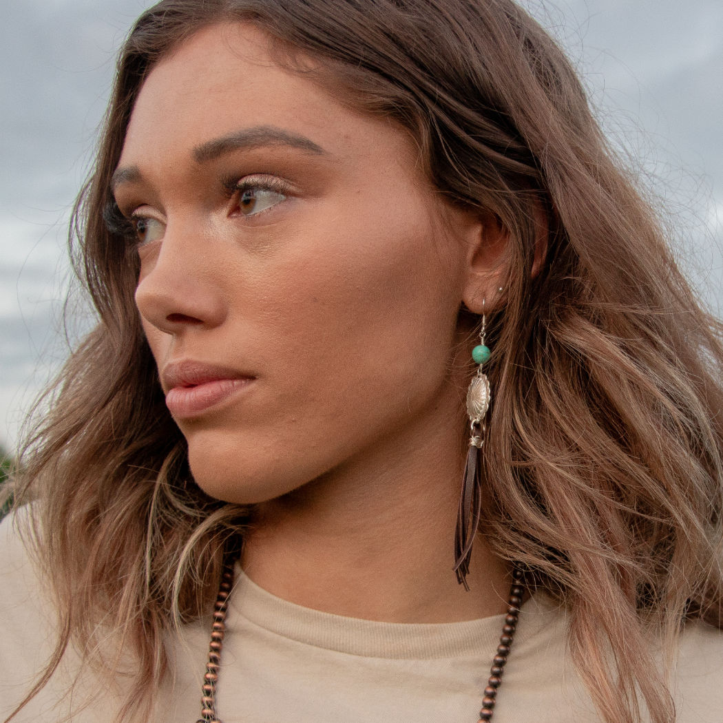 Silver concho earrings with turquoise and leather fringe - color eagle