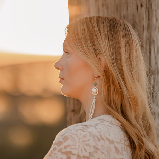 Concho and turquoise earrings with white leather fringe