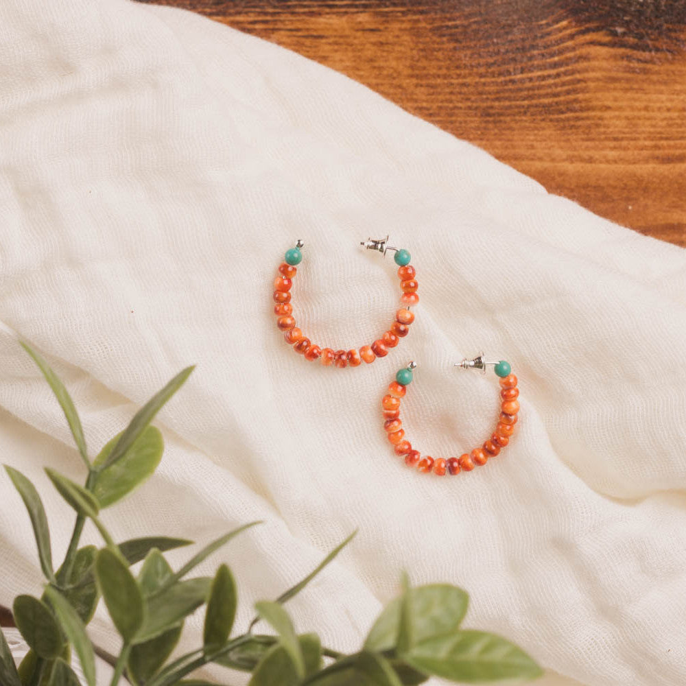Spiny Oyster Hoop Earrings with Turquoise Accent