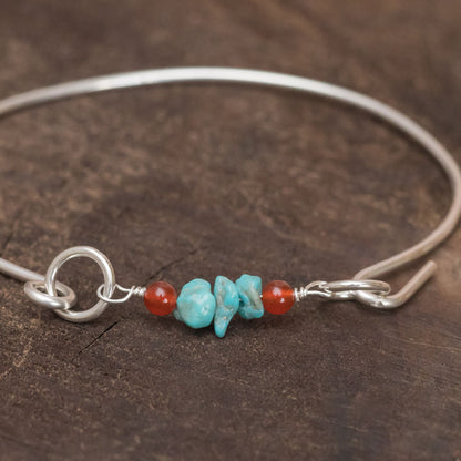 Sterling silver bangle bracelet with turquoise and carnelian