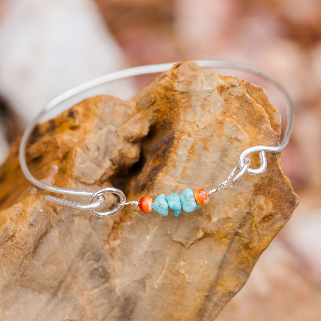 Sterling silver bangle with turquoise and spiny oyster