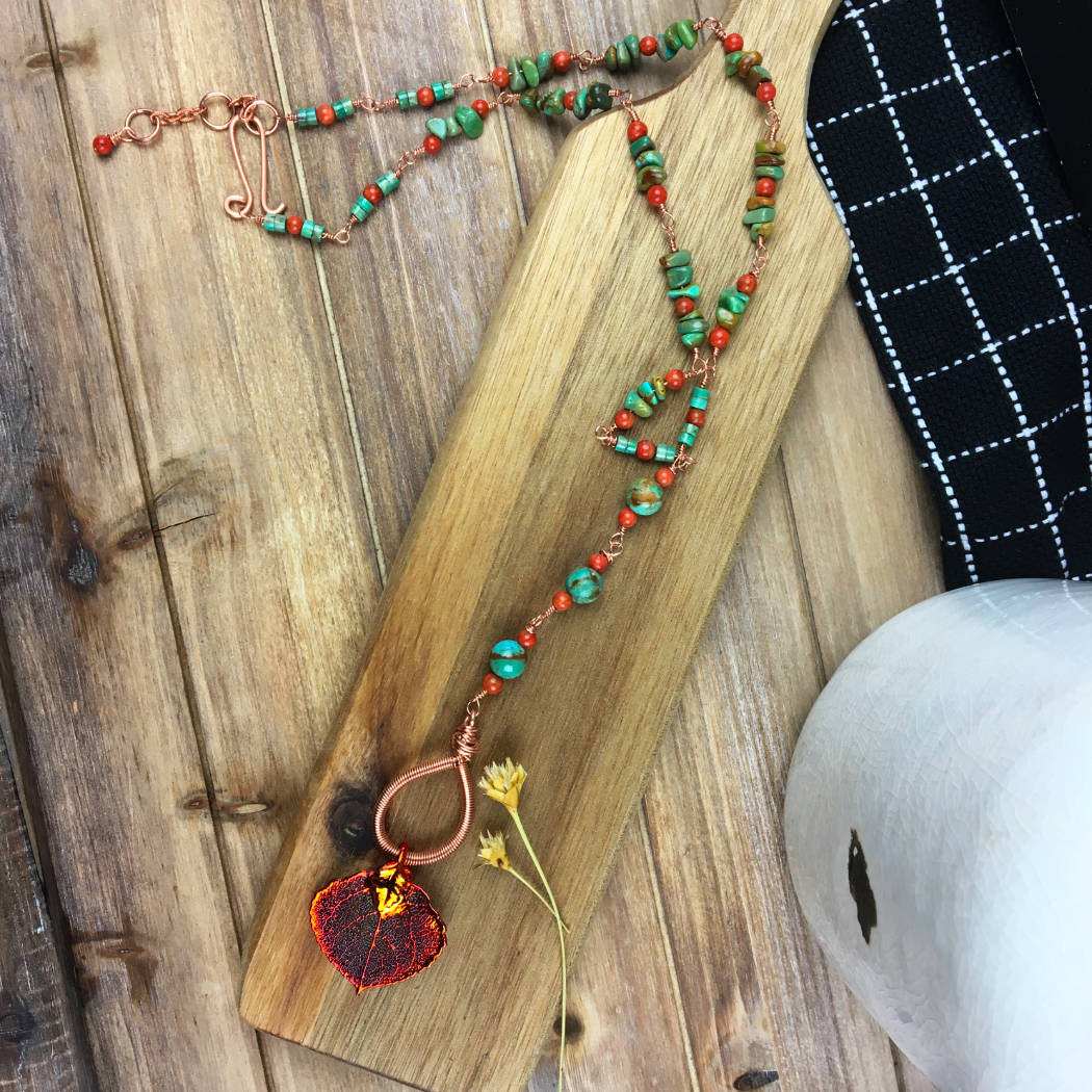 Aspen leaf necklace in copper with turquoise and coral