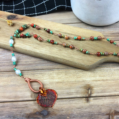 Aspen leaf necklace with copper turquoise pearls and jasper