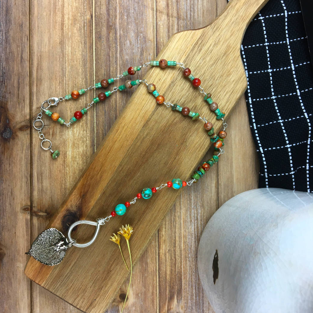Silver aspen leaf necklace with turquoise and jasper