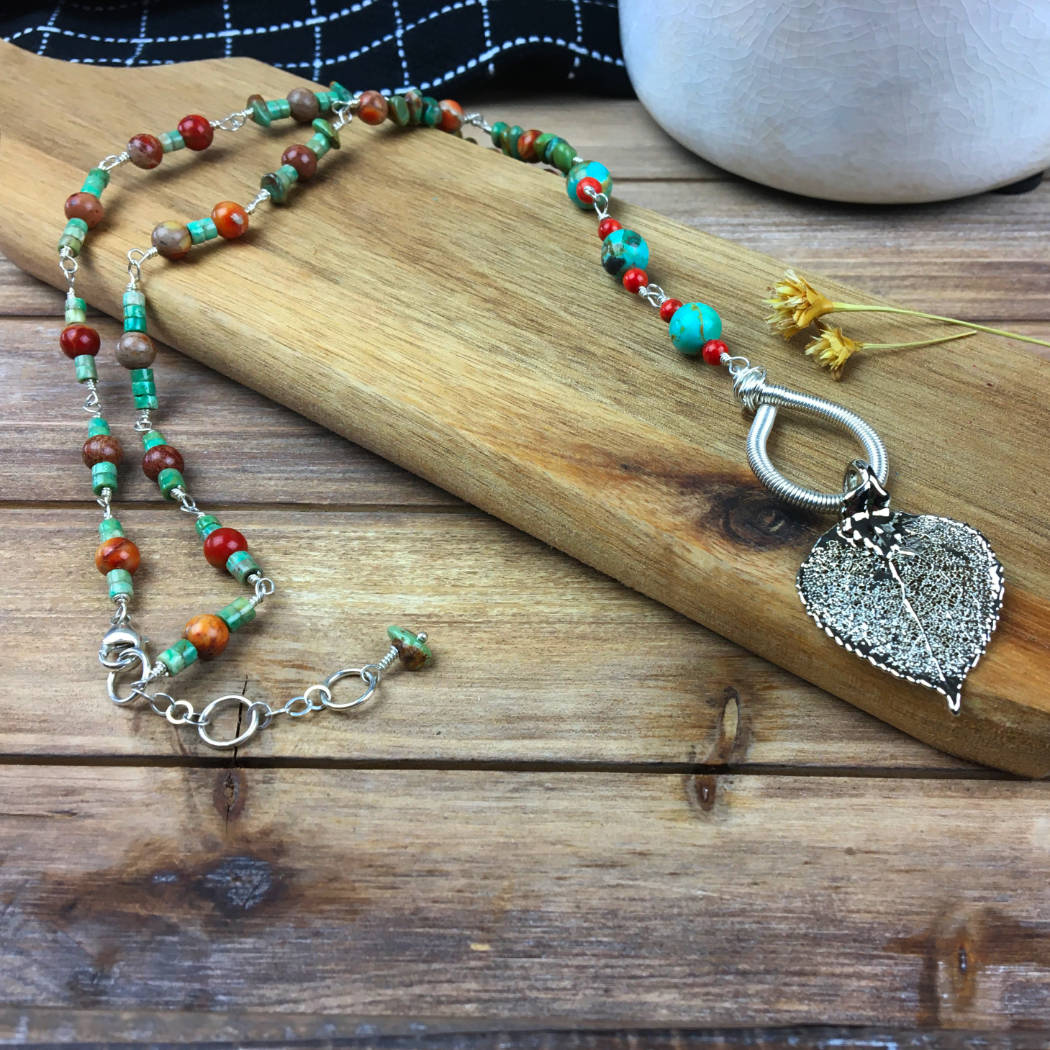 Turquoise jasper and coral necklace with silver aspen leaf