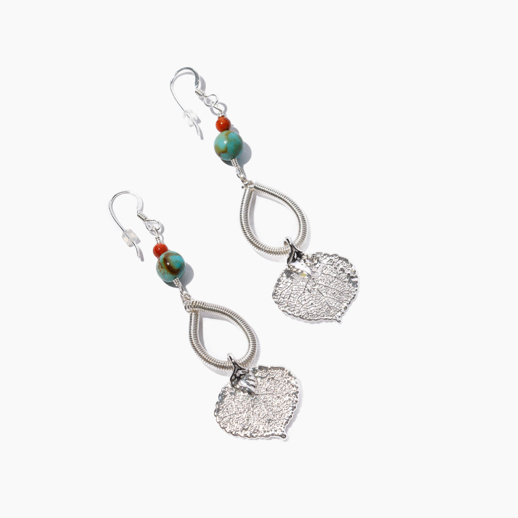 Aspen leaf earrings with turquoise - silver