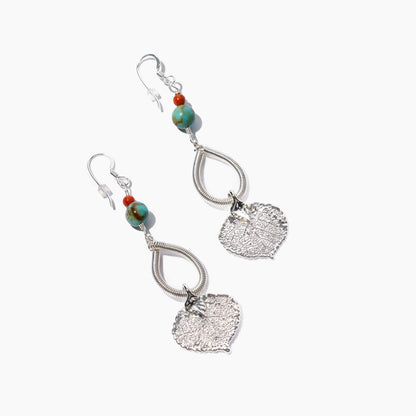 Aspen leaf earrings with turquoise - silver