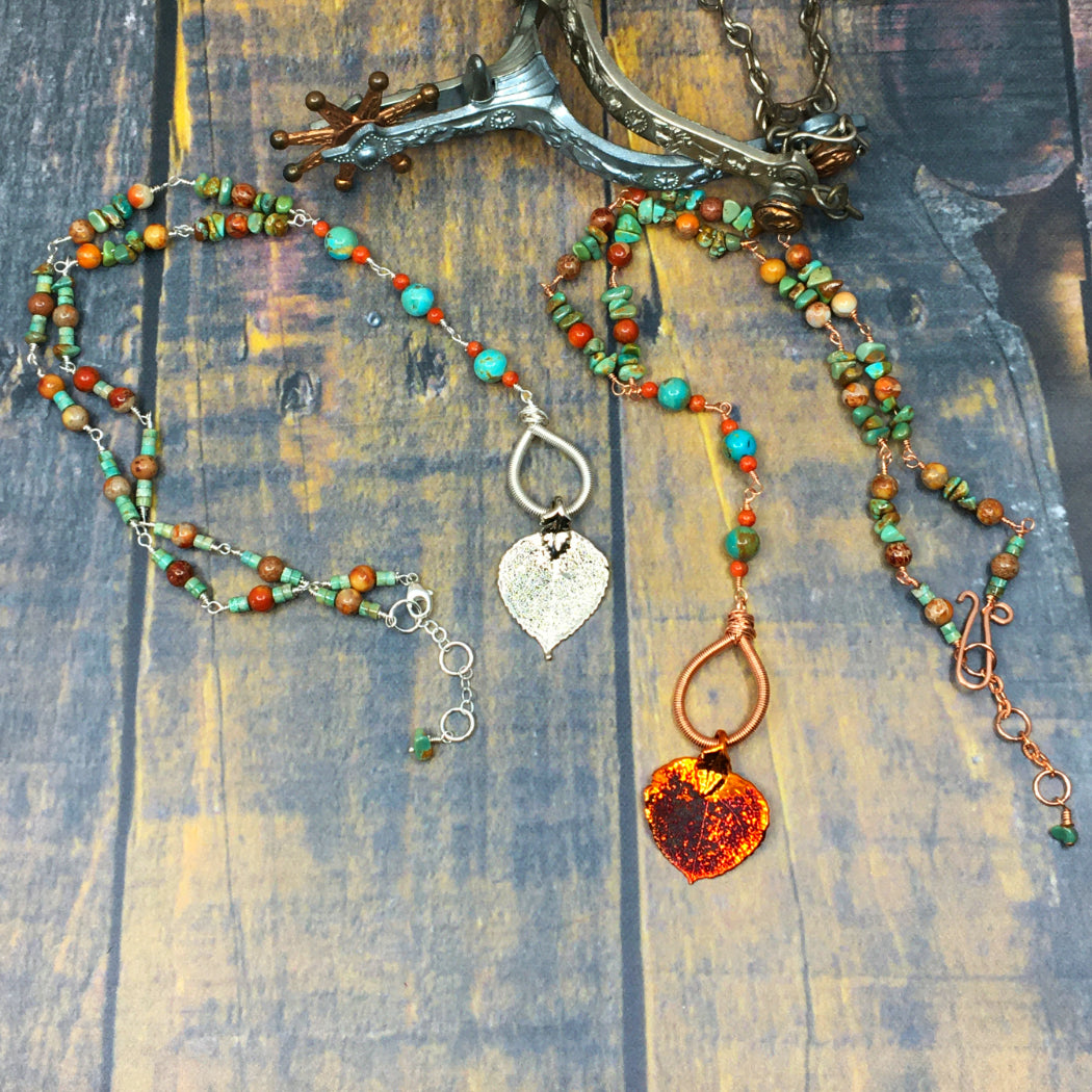 Rosary style necklaces with turquoise jasper and real aspen leaves dipped in silver and copper