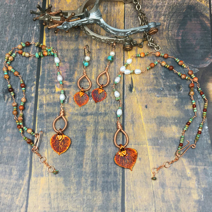 Pearl and turquoise copper aspen leaf necklaces with matching earrings