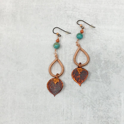 Long turquoise and coral earrings with real aspen leaves dipped in copper