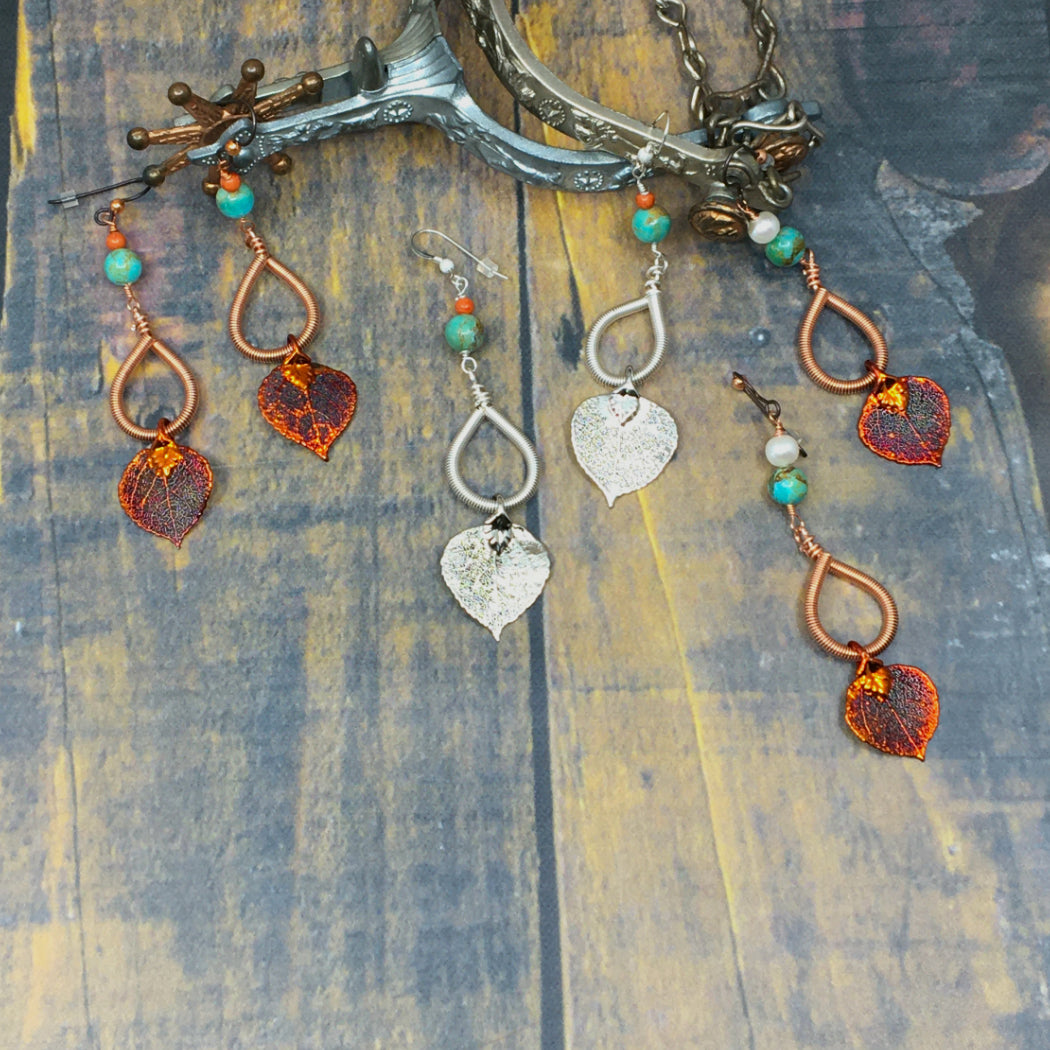 3 pairs of long earrings with real aspen leaves dipped in copper and silver