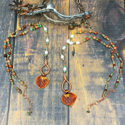 Rosary style adjustable length necklaces with turquoise pearls jasper and real aspen leaves dipped in copper