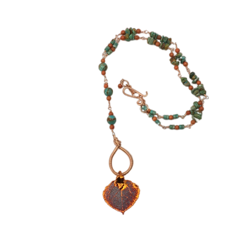 Turquoise Necklace with Real Aspen Leaf Pendant