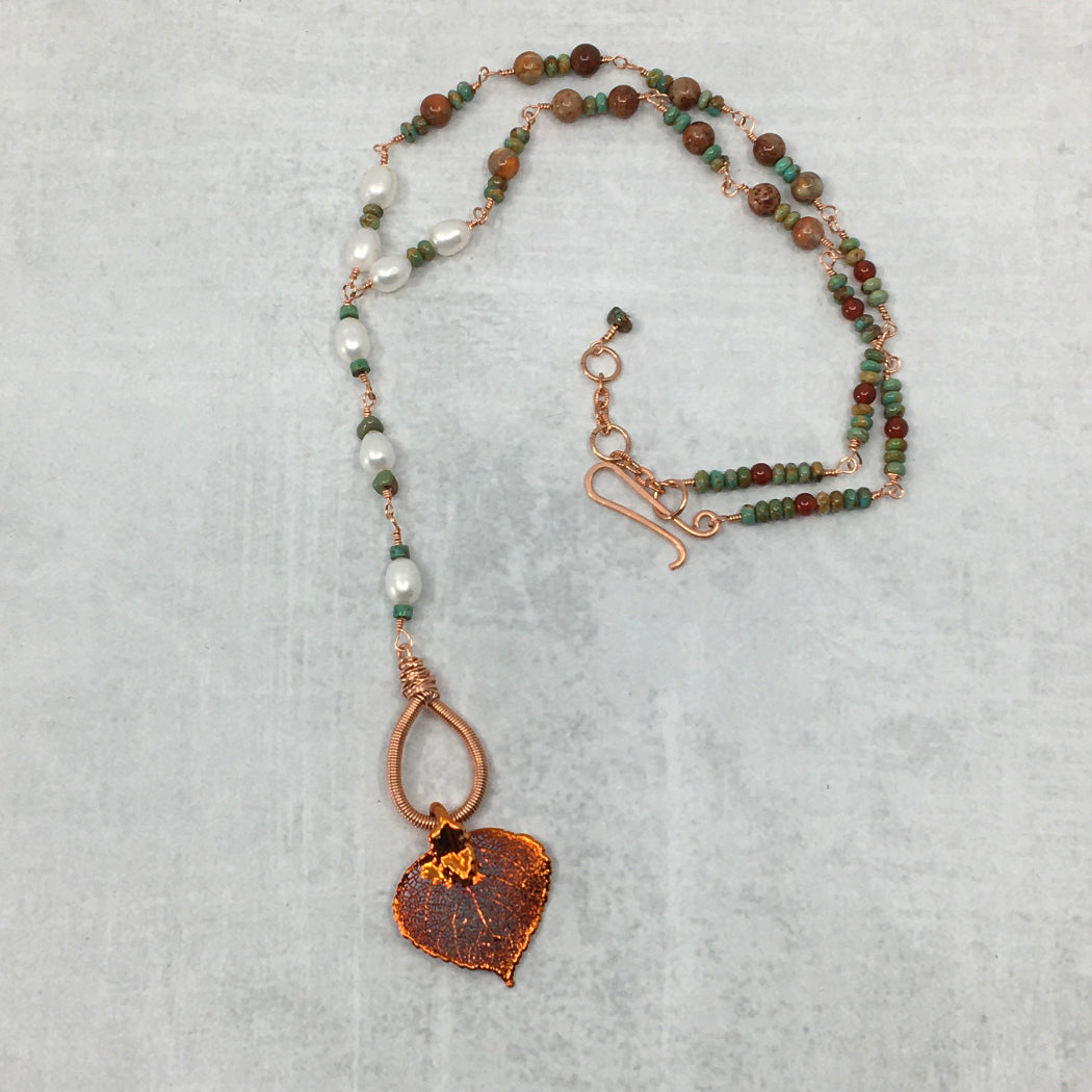 Turquoise pearl and jasper necklace with real aspen leaf pendant dipped in copper