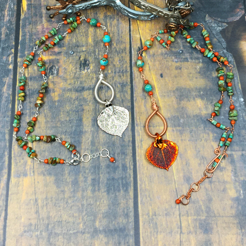 Rosary style necklaces with turquoise coral and real aspen leaves dipped in silver and copper