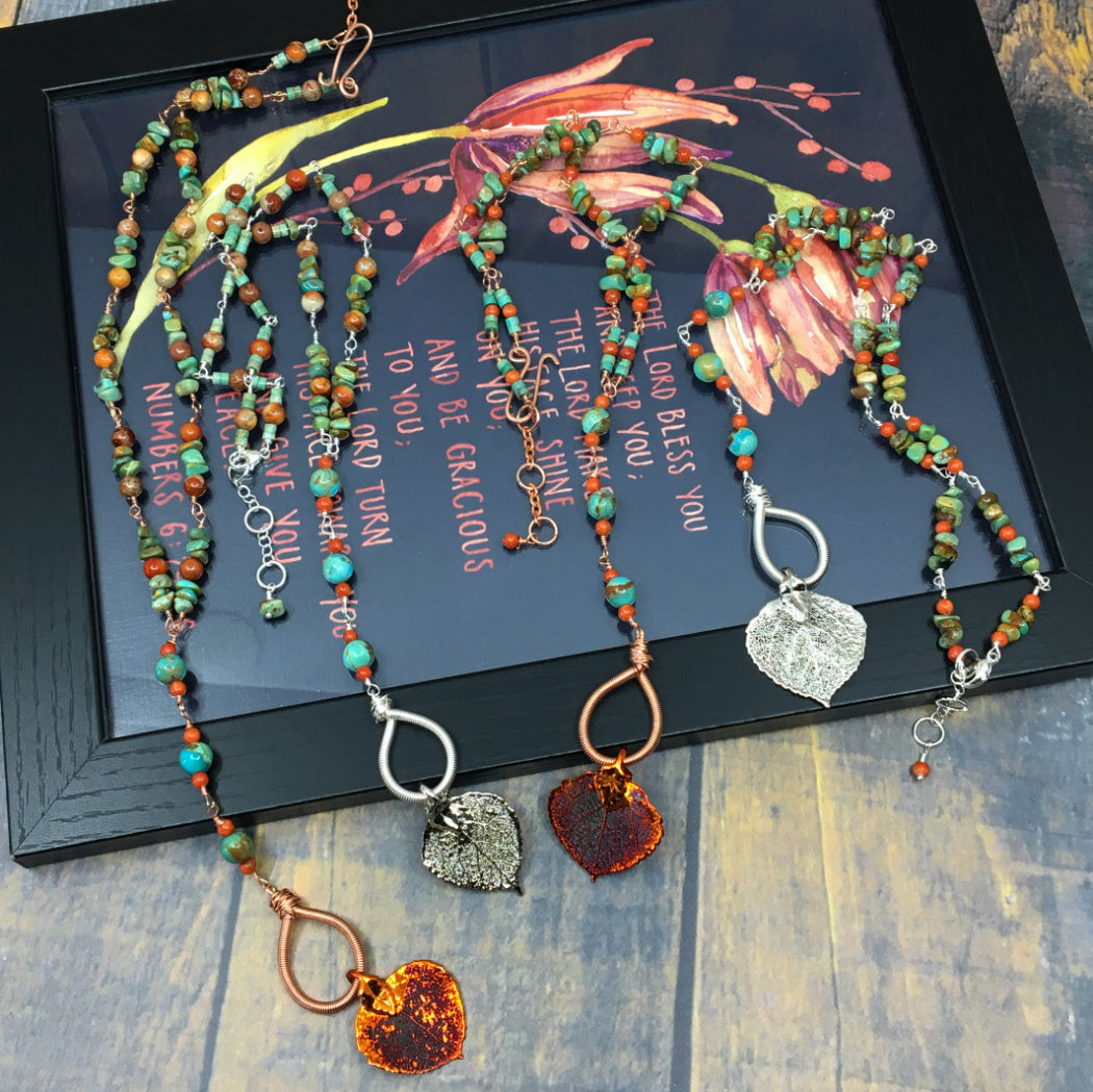 Rosary style adjustable length necklaces with turquoise and real aspen leaves dipped in copper or silver