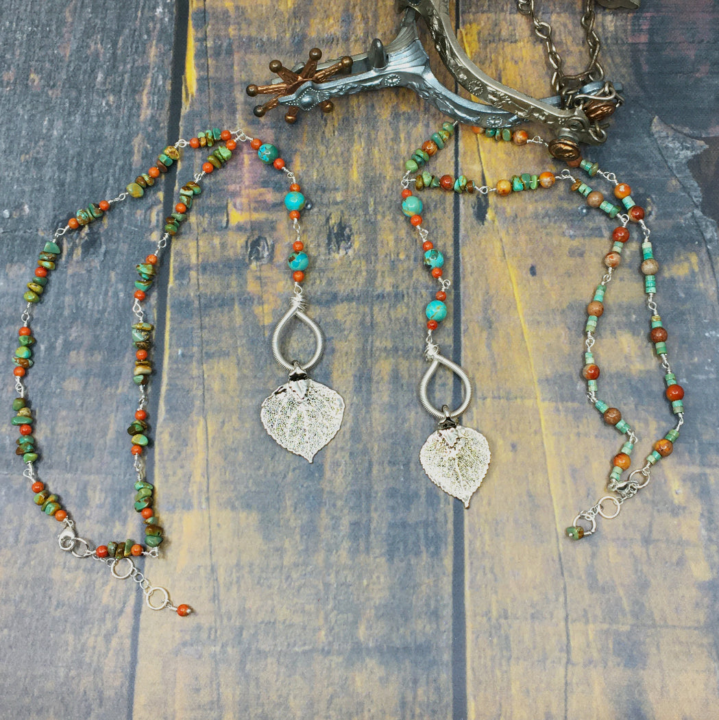 Adjustable length rosary style necklaces with turquoise and real aspen leaves dipped in silver