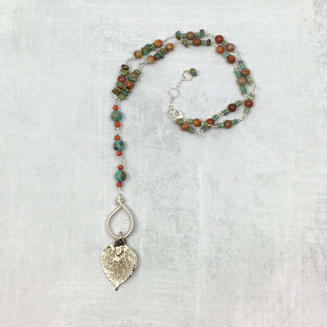 Turquoise and jasper rosary style necklace with real aspen leaf pendant dipped in silver