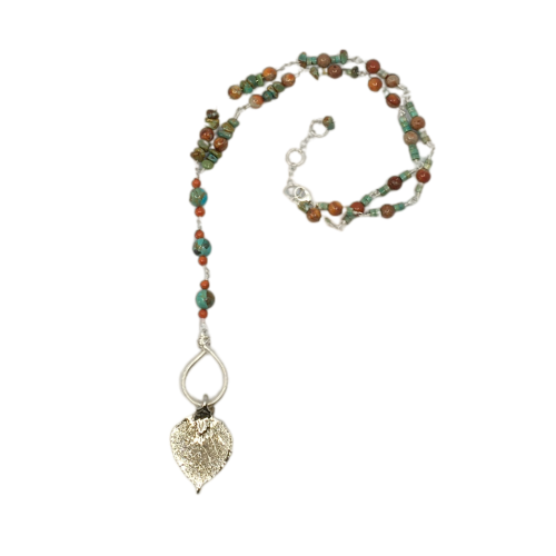 Turquoise Necklace with Real Aspen Leaf Pendant
