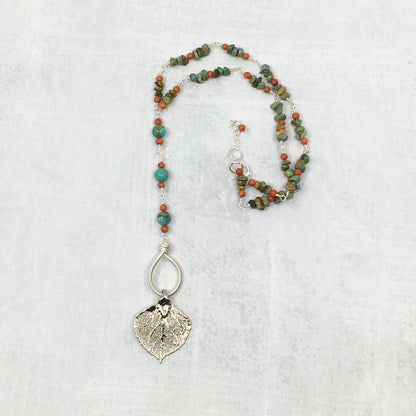 Turquoise and coral necklace with real aspen leaf dipped in silver