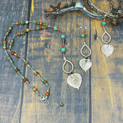 Silver aspen leaf necklace with turquoise and jasper and matching earrings