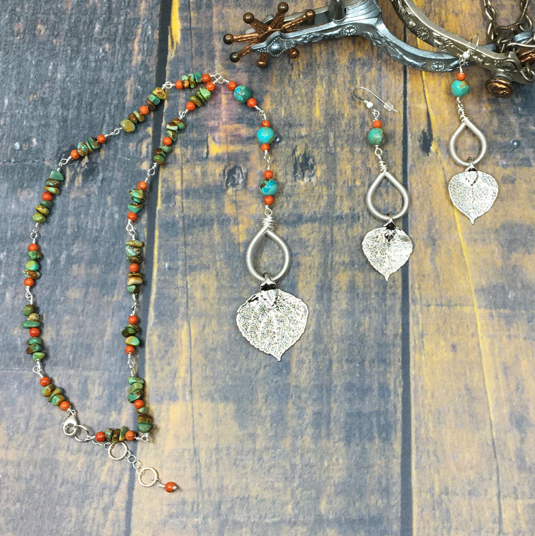 Silver aspen leaf necklace with turquoise and coral and matching earrings