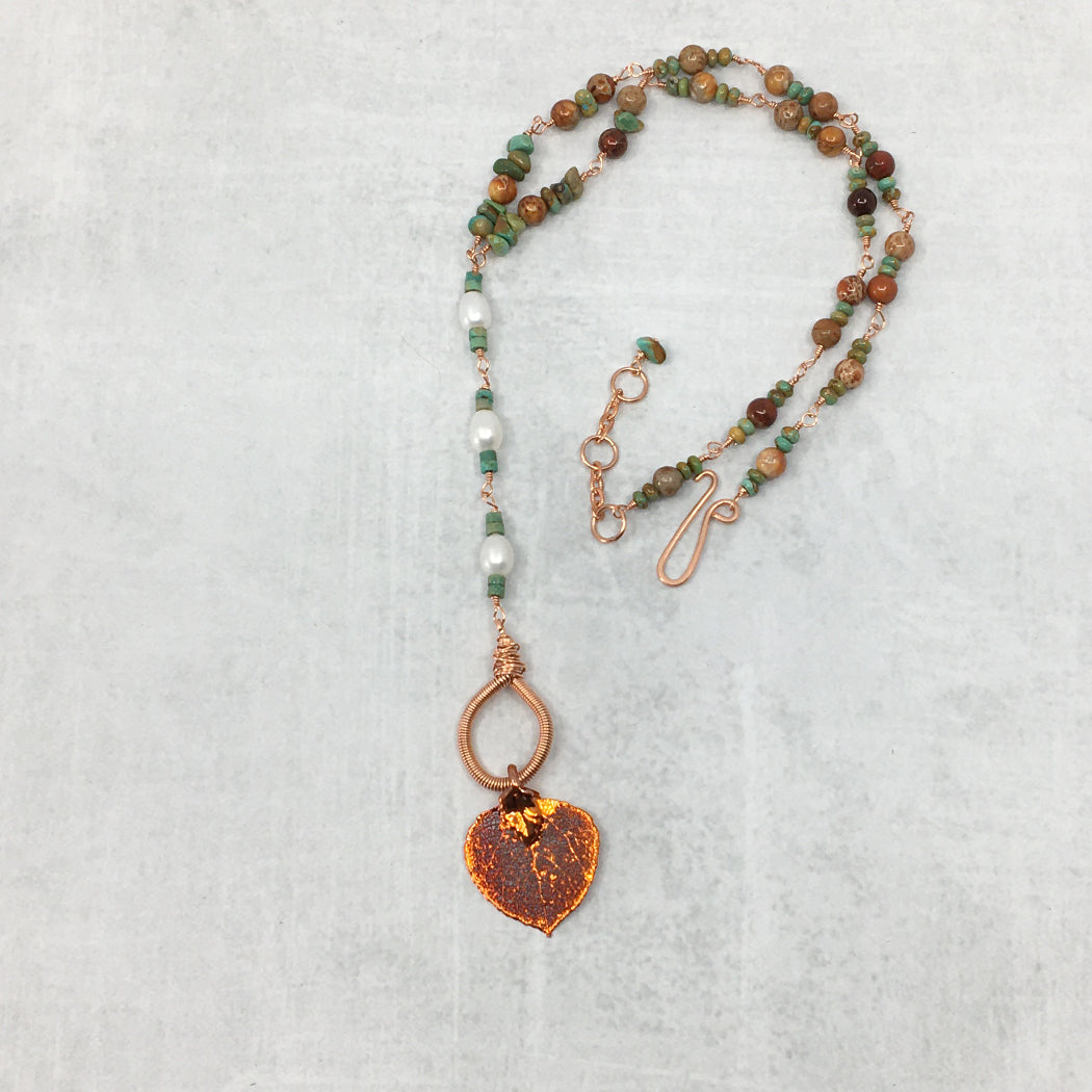 Freshwater pearl turquoise and jasper necklace with real aspen leaf dipped in copper