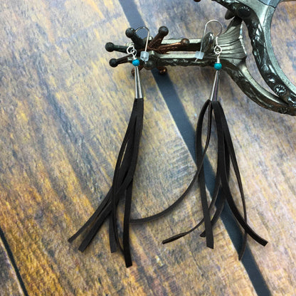 Long leather fringe earrings with turquoise