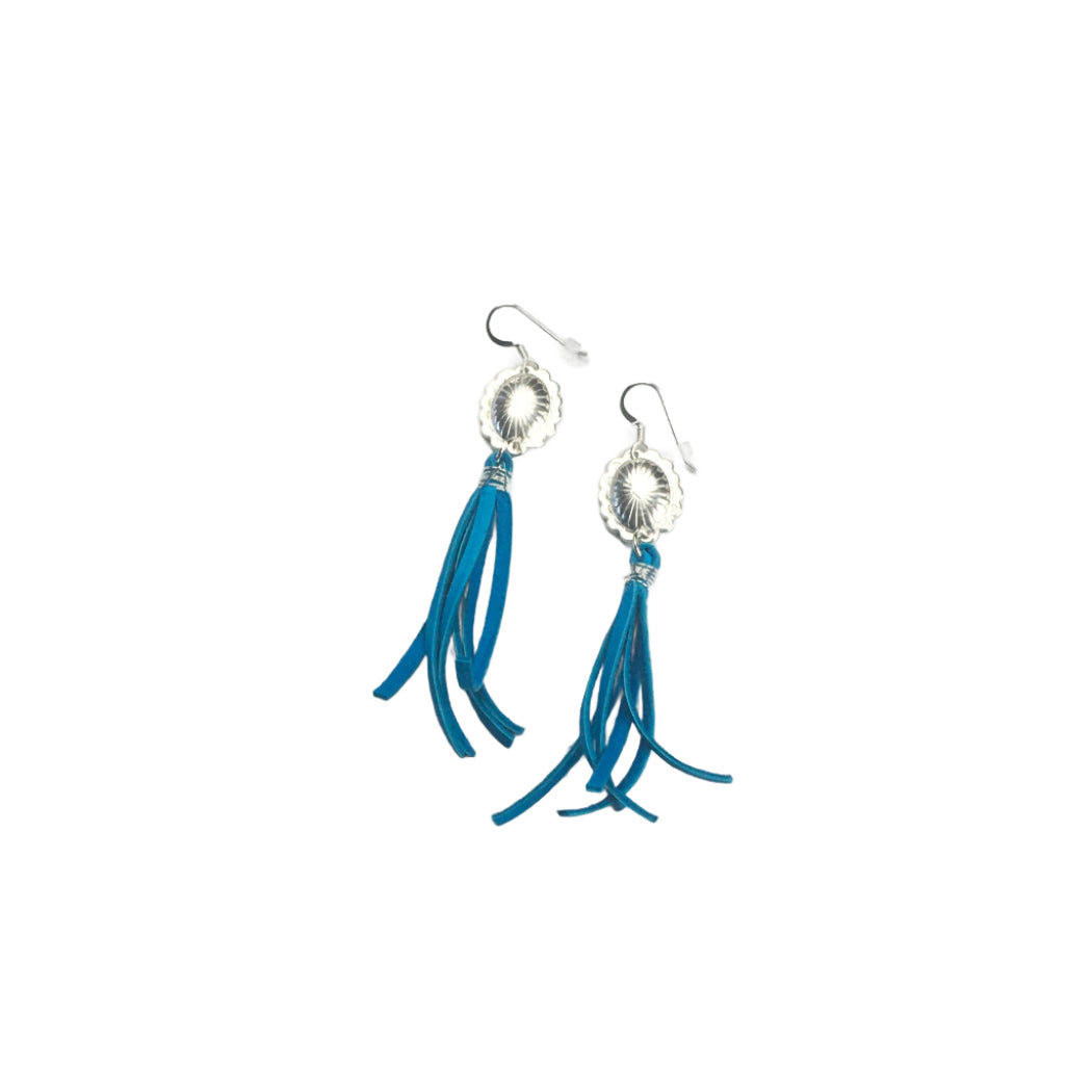 Silver concho earrings with turquoise leather fringe