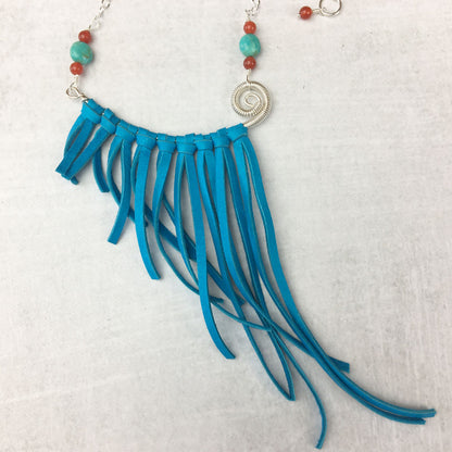 Leather fringe necklace with turquoise detail