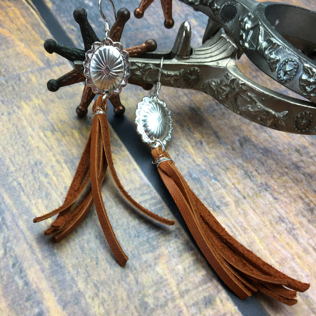 Silver concho earrings with leather fringe